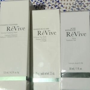 ReVive 3pc Skincare Set Foaming Cleanser Acne Treatment Gel, Purifying Clay Mask